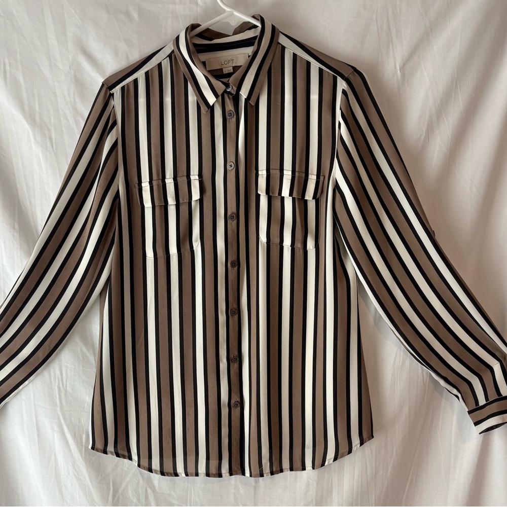LOFT Black/Ivory/Dark Taupe Striped Blouse